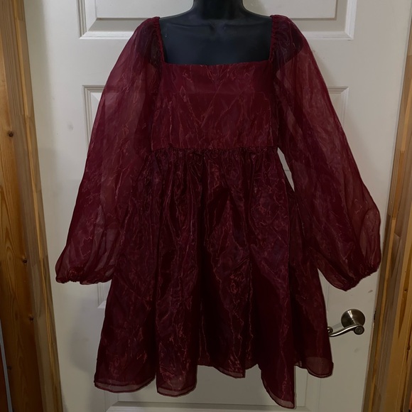 Altar'd State Women's Maroon Liz Babydoll Puff Sleeve Dress Size Large NWOT. - Picture 9 of 10